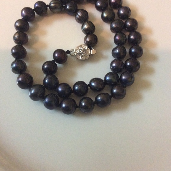 Sterling Silver Black iridescence Pearl Necklace 925 - Picture 4 of 12